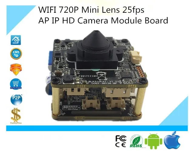 

WIFI Wireless AP IP HD Camera Module Board Mini Lens 3.7mm 720P 1280*720 25fps Mini SD Card CMS iCSee P2P Cloud Surveillance