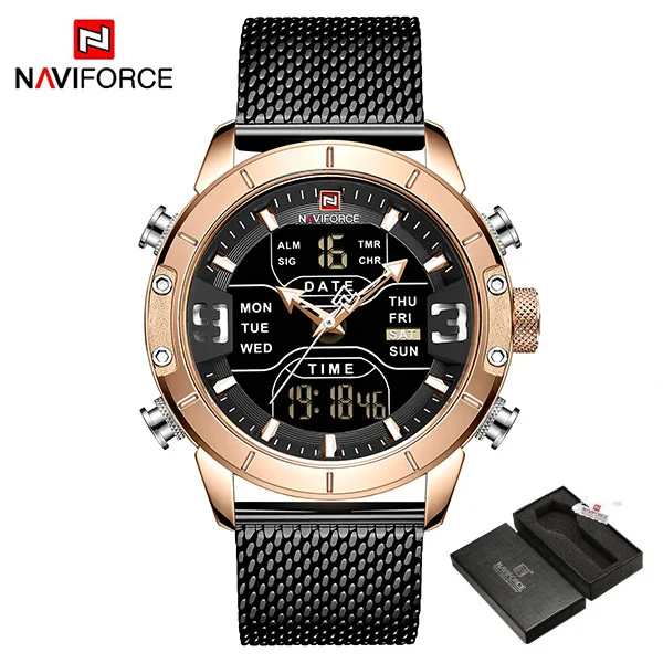 BlackRoseGoldBox NAVIFORCE, мужские часы, Топ бренд, Роскошные, сетка, сталь, несколько часовых поясов, водонепроницаемые часы для мужчин, серебряные часы, Relojes Para Hombre - Цвет: BlackRoseGoldBox