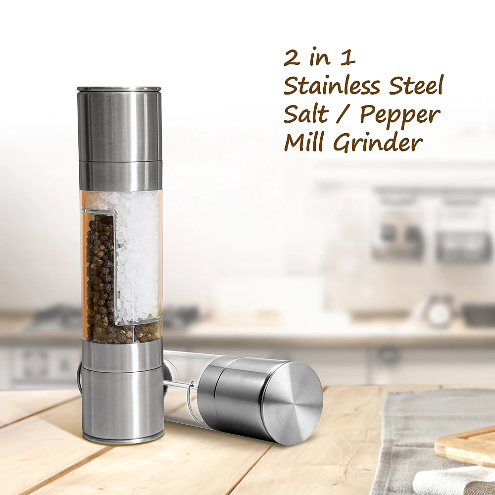 

High Quality 2 In 1 Stainless Steel Manual Pepper Salt Spice Mill Grinder Kitchen Seasoning Cooking Tools Support Wholesale