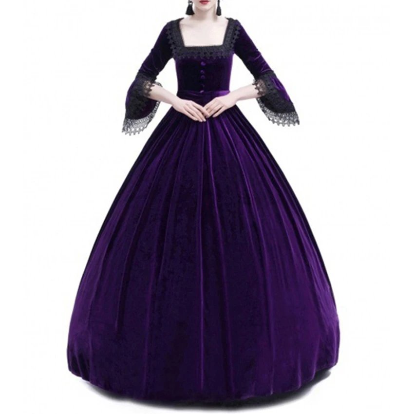 

2018 Autumn Women Retro Vintage Long Sleeve High waist Dresses Cotton Renaissance Victorian Gothic Ruffle Medieval Dress Costume