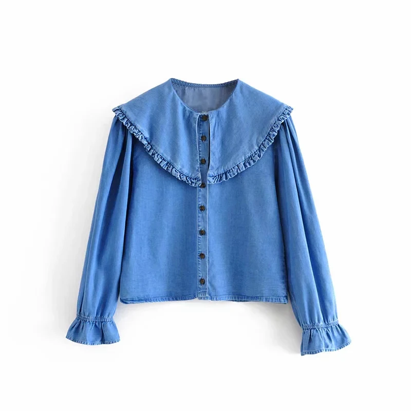 

ZXQJ Woman blouse 2019 new autumn fashion elegant cute lovely chic Denim ruffle ladies office home party tops femme girl shirts
