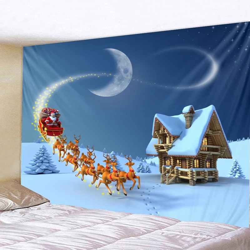 

Cute Cartoon Star Christmas Decorations Santa Sleigh Snow Lodge Full Moon Indian Mandala Tapestry Wall Hanging Large