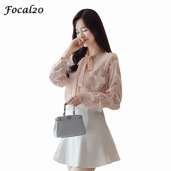 

Focal20 Trendy Bowknot Tassels Women Blouse Shirt Long Sleeve Tank See Through Thin Casual Female Blouse Top Streetwear