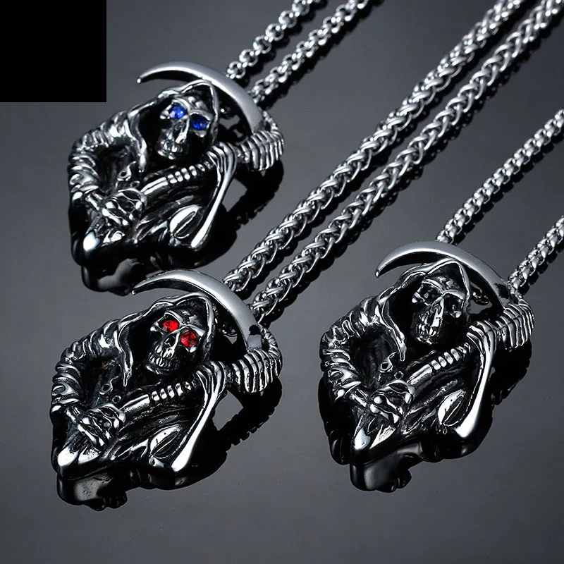 

Red Blue Black Zircon Eye God Of Death Titanium Steel Pendant Skull Necklace Punk Style Nightclubs Jewelry Male & Girl Necklace