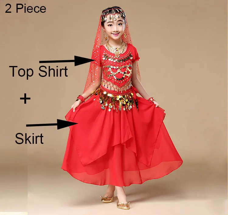 Детский профессиональный сценический костюм для танца живота для девочек, Египетский танец живота, костюмы для девочек, индийские болливудские комплекты для танцев - Цвет: 2 Piece Red
