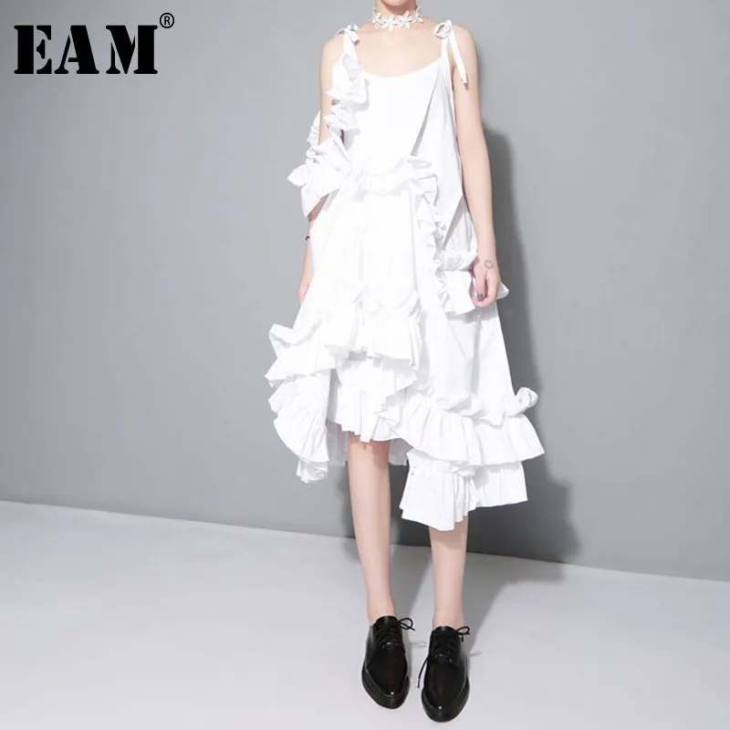 

[EAM] 2017 New Summer Irregular Multilayer Ruffles Solid Color Loose Fashion Sexy Dress Women Trendy Tide J211