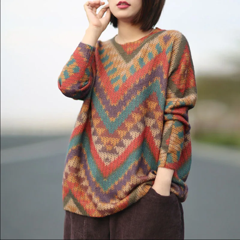 

Casual Pullovers Femme Long Sleeve Autumn Winter Outerwear Literary Mori Girls Geometric Pattern Female Knit Sweater Retro Pull