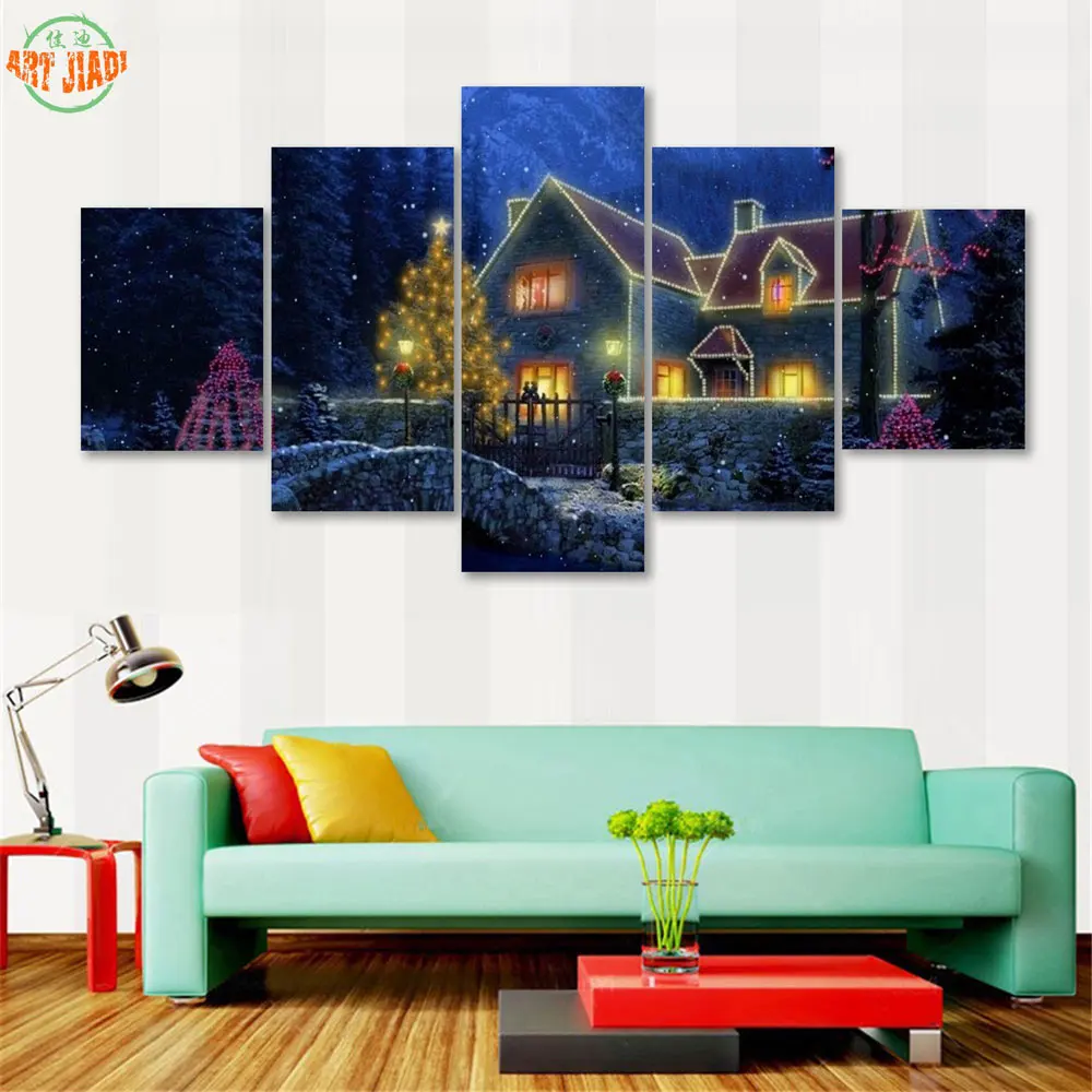 New 5 Piece/set Canvas Art CHRISTMAS SNOW TREE AND HOUSE HD CANVAS PAINTING DECORATIONS For Home Wall Prints CanvasB283 | Дом и сад