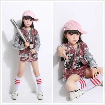 

Boys Girls Street Dance Hip Hop Kids Clothes Sequins Pink Child Jazz Dance Wear Baseball Dance Costume Cheerlead Team Uniforms