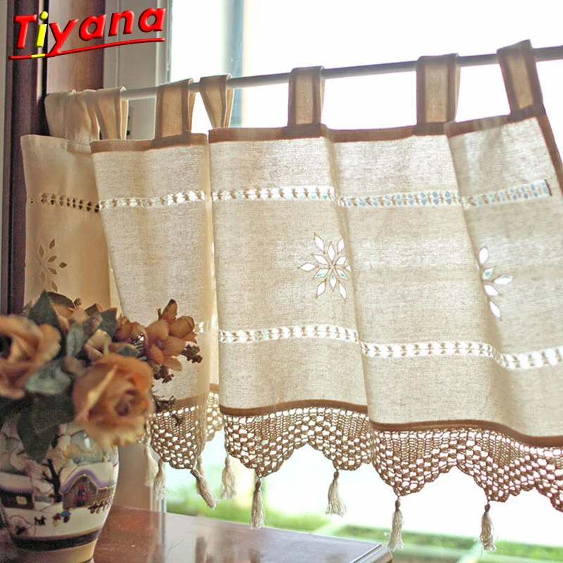

Hollow Out Ring and Sling Short Curtain for Kitchen Beige Cotton and Linen Short Curtain for Bookshelf High Quality QT050#30