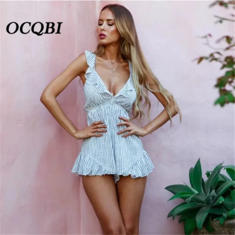 

2018 Casual Korean Style Sexy Fashion Beach Rompers Womens Playsuits Summer Striped Ruffles Jumpsuit