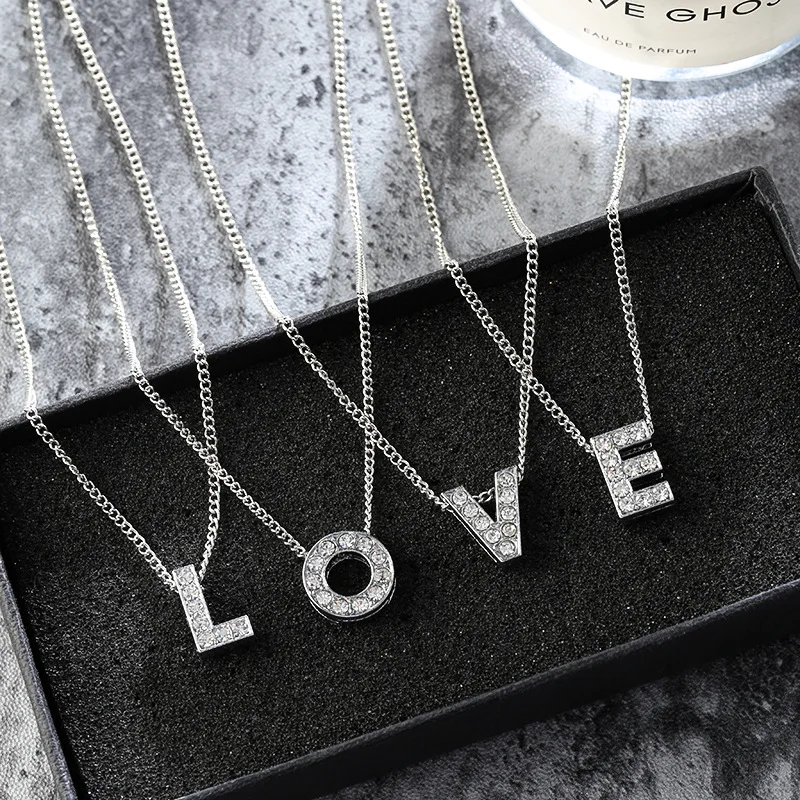 CHUKUI Stainless Steel Rhinestone Pendant Women Female Necklace Pendant Crystal Letter Initial Necklace Silver (3)