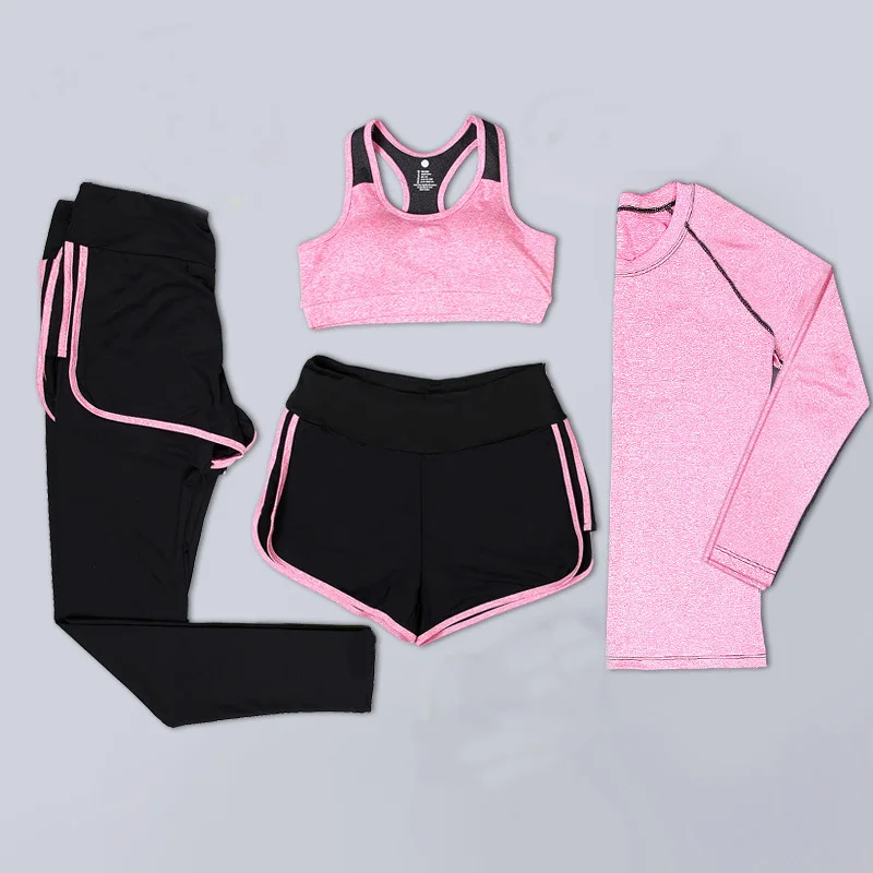 4 шт., комплект для йоги, женская одежда для йоги, UMLIFE, для фитнеса, для бега, для улицы, спортивный костюм из кусков, костюм для спорта йоги, Высокоэластичный спортивный комплект - Цвет: pink