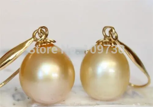 

ry00313 PAIR OF PERFECT NATURAL SOUTH SEA GENUINE 14X11MM GOLD DROP PEARL EARRING AAA A0422