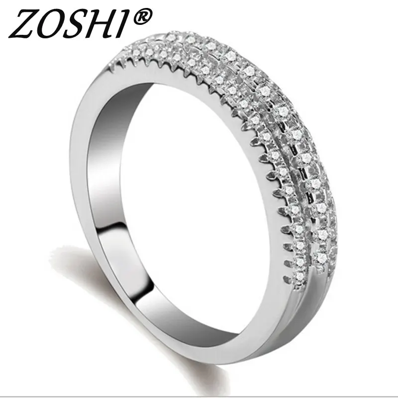 

Full Size three row clear crystal Stainless steel Wedding rings fashion jewelry Made with Genuine CZ Crystals