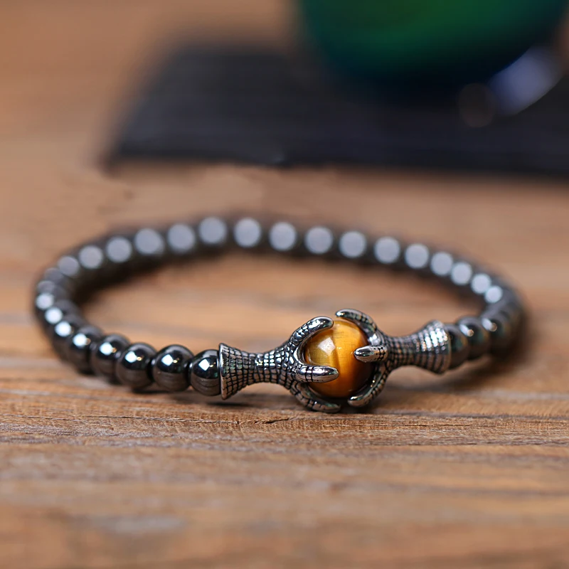 

Bracelet Men Natural Stone bracelets 6mm Hematite Bead with Eagle Braided Rope Adjustable male Bracelets for mens gift homme 328