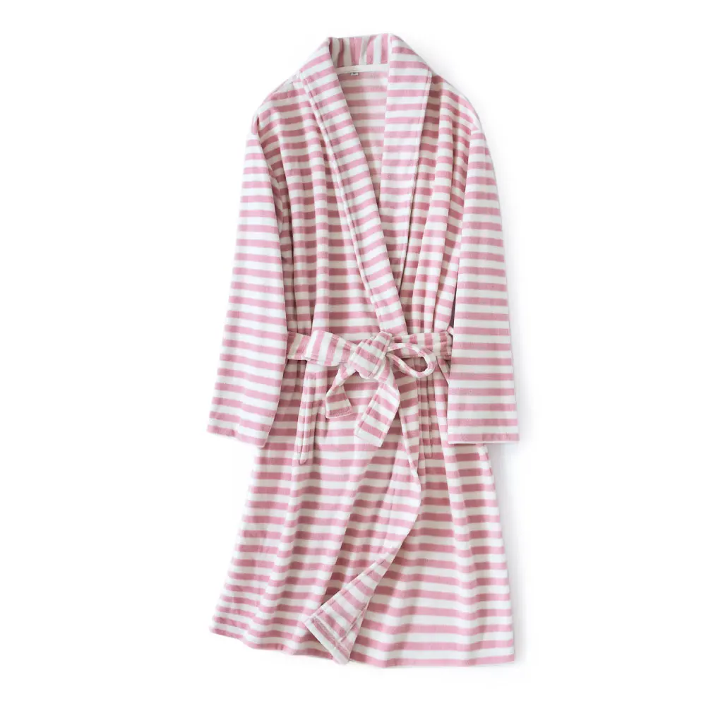 

Cute Stripes Polar Fleece Women Nightgowns Winter Bathrobe Sexy Nightie Robe Night Dressing Gown Couples Badjas Batas De Mujer