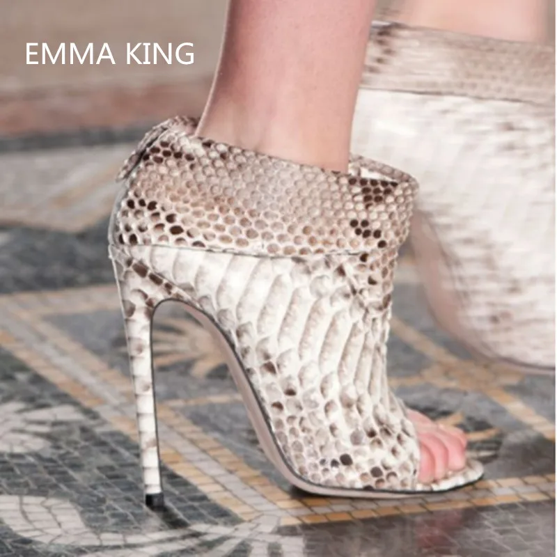 

Fashion Snake Skin Pattern Ankle Boots For Women Peep Toe Slip-on Stilettos Botines Mujer Party Tacones Zapatos Size EU35- 43