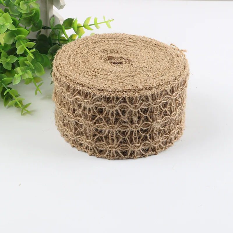 2m/Roll Wide 7cm Hollow Design Natural Hessian Jute Twine Burlap Ribbon Christmas Home DIY Decoration Rustic Wedding Decor