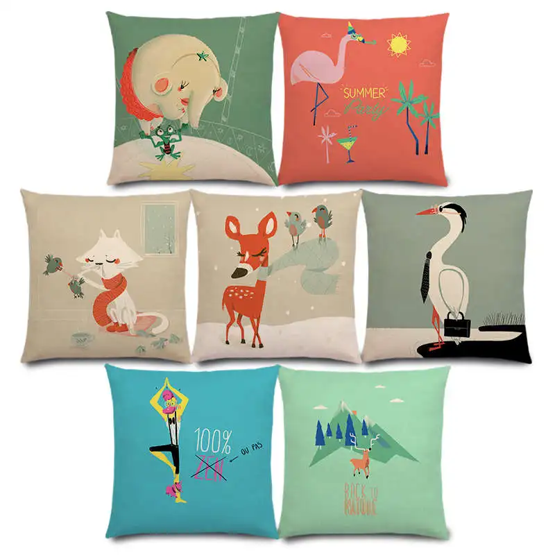 

New Super Fun Cute Cartoon Animals Flamingo Fox Whale Elephant Deer Bear Cat Happy Day Cushion Cover Sofa Throw Pillow Case