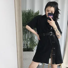 Summer Harajuku Zipper Black Female Belt Dress Korean Ulzzang Gothic Style Street Fashion Design Split Simple T Shirt Dresses