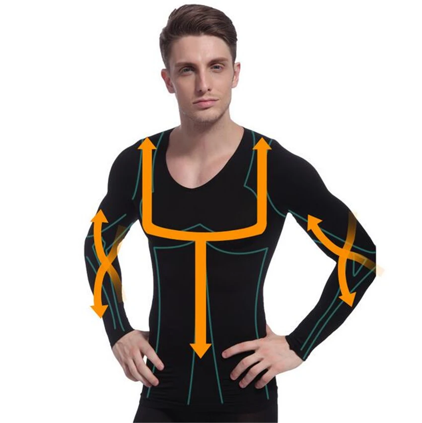

Men's Bodybuilding Waist Cincher Underwear Slimming Soft T Shirt Abdomen Body Shape Long Sleeve Shirts Shapers Cropped Top NY102