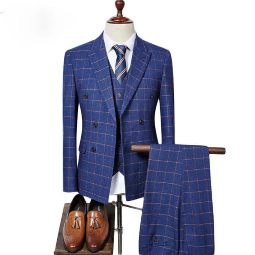 Abruzzomaster классические мужские костюмы синий двубортный костюм клетчатый Блейзер смокинги твидовый приталенный костюм(пиджак+ брюки+ жилет