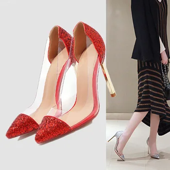 

Pointed high heels female 2019 spring new shallow mouth single shoes handmade large size wedding shoes bride.