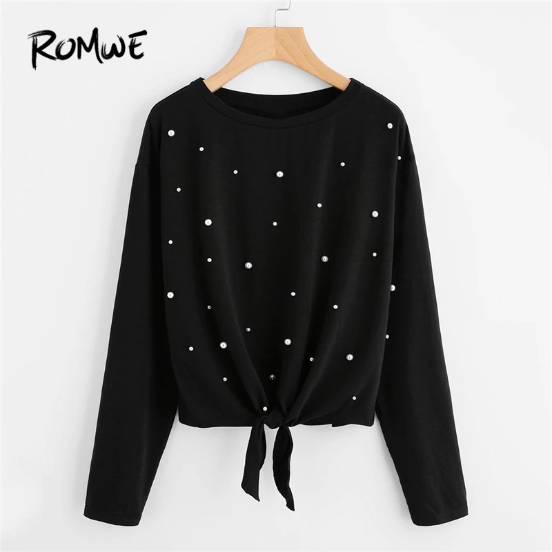 

ROMWE Black Pearl Beaded Knot Front Tee Women 2019 Autumn Casual Tee Shirt Clothes Womens Long Sleeve Tops Clothing T-Shirts