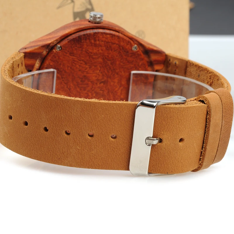 BOBO BIRD Men Watch Top Brand Design Red Wooden Mens Quartz Watches Genuine Leather Band Men's Gift Drop Shipping Accept Logo