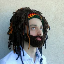 Парик шапочка с бородой Для мужчин Кепки раста ручной крючком зима теплая Шапки Gorro Rasta Забавный Хэллоуин Рождество День рождения подарок теплая маска