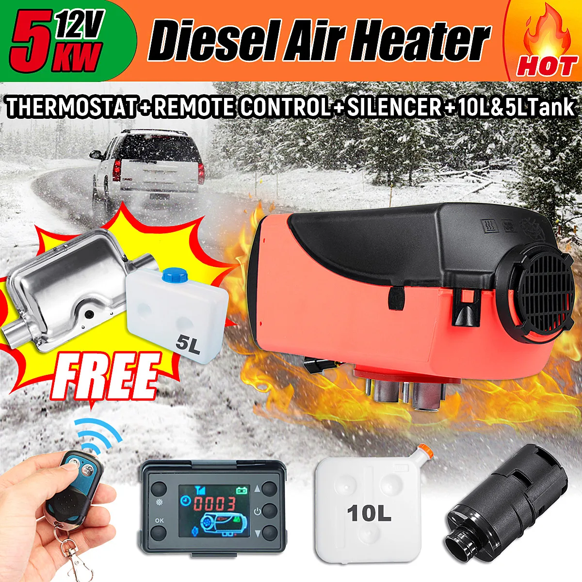 

5KW Diesels Air Heater Fuel Heater Car Bus Trucks Van Pickup Boat Planar Warming 12V Single Hole with 10L&5L Tank