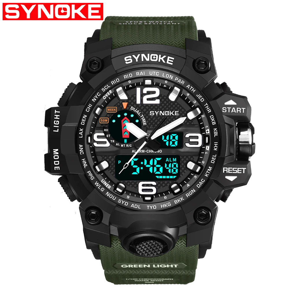 SYNOKE брендовые цифровые часы для мужчин G стиль крутые водонепроницаемые ударные спортивные военные аналоговые цифровые спортивные часы для мужчин - Цвет: Green