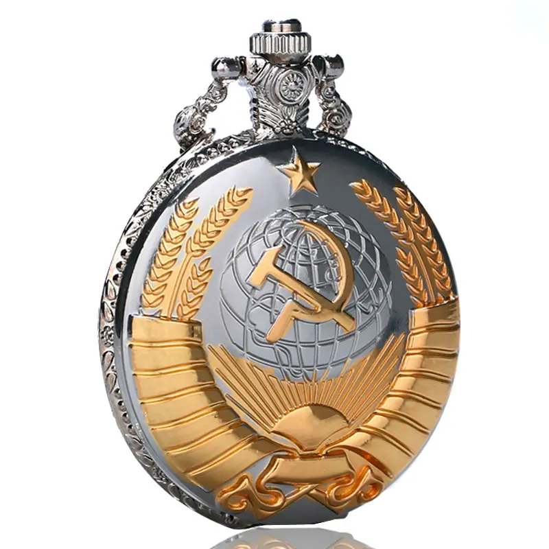 2016 New Arrival Antique Soviet Sickle Hammer Style Quartz Pocket Watch Men Women Silver & Golden Pendant Wholesale Price
