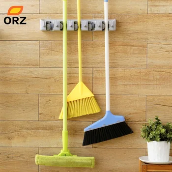 

ORZ ABS Wall Mounted Hanger Storage Rack 5 Position Kitchen Mop Brush Broom Organizer Holder Tool With Hook, Bathroom Shelf