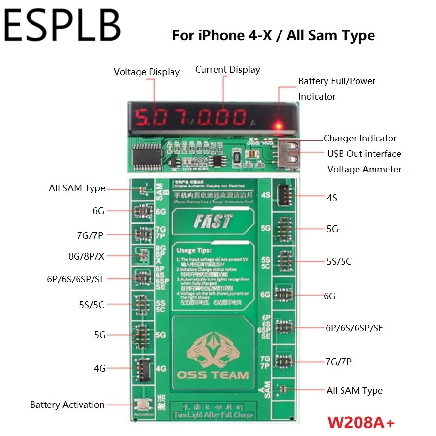 Плата активации зарядки аккумулятора ESPLB для iPhone X, 8 P, 8, 7 P, 7, 6 P, 6 S, 6SP, 5S, 5C, 5, 4/samsung/Xiaomi/Oppo/huawei с быстрой зарядкой - Цвет: W208A Plus