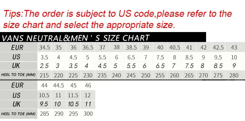 original vans white and black mens and womens unisex skateboarding vans shoes size chart