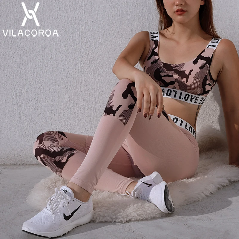 

Camouflage Sport Fitness Women 2 Piece Set Sleeveless Vest Letter Print Crop Top + Mesh Splice Long Pant Women Set chandal mujer