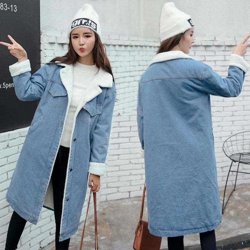 

Spring Autumn Winter New 2019 Women lambswool jean Coat With 4 Pockets Long Sleeves Warm Jeans Coat Outwear Wide Denim Jacket