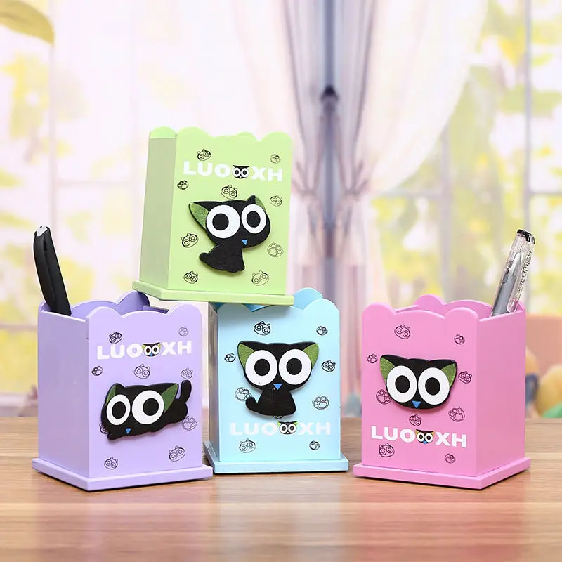 

Coloffice Korean Creative Student Stationery Stylish Cute cartoon wooden pen holder Office Multi-function Wooden Pen Bucket 1PC