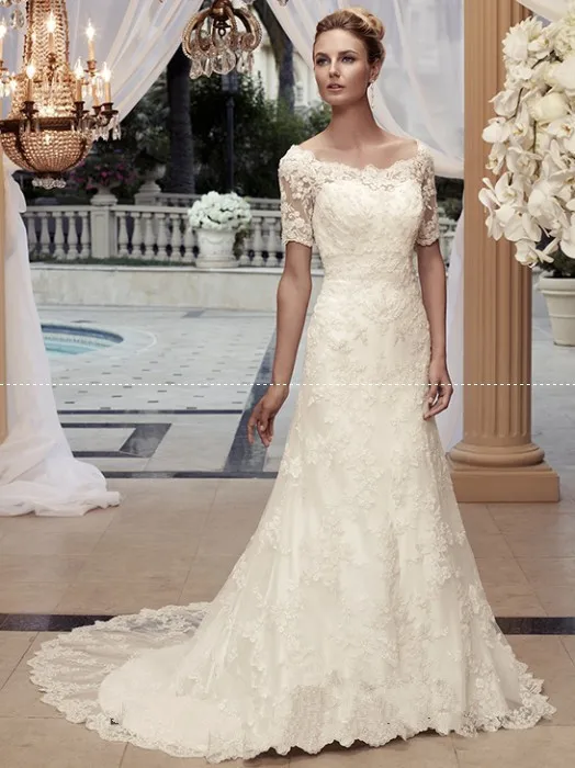 Wholesale and retail Short Sleeves White/Ivory Lace Wedding Dress With Keyhole Back Custom Size | Свадьбы и торжества
