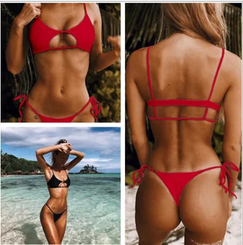 

Hollowed Solid Colors Sexy Bikini Set String Swimsuit Push Up Swimwear Women 2019 Brazilian Bikini Bathing Suit A2360YPC