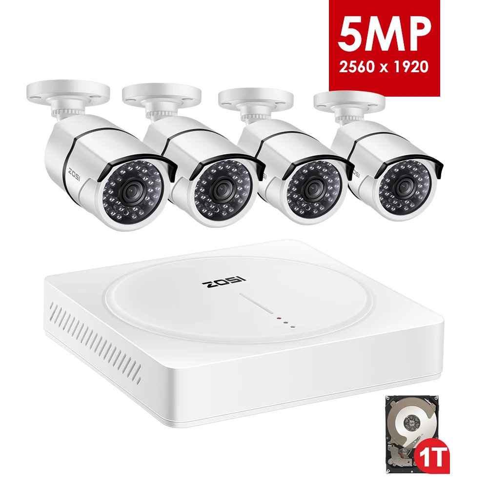 Beste ZOSI 4CH Super HD 5MP Home Security Camera Systeem Met 1 tb Harde Schijf en (4) 5.0MP 1920 p (2560TVL) Weerbestendige CCTV Camera #039;S