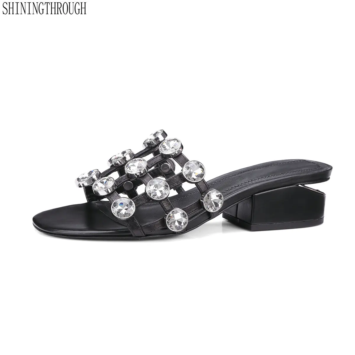 

Women's crystal Slides Summer High Heels slippers Shoes Sandbeach Open Toe Hollow Crystal Slides