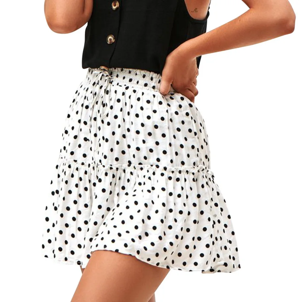 

Fashion Women Summer Skirts Ruched Ruffles A-Line Dots Printed Elastic Waist Mini Skirt Ladies Casual Sweet Skirt jupe femme BB4