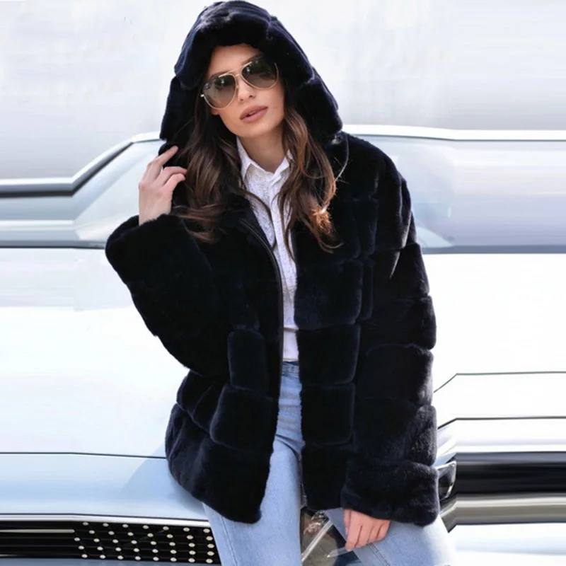 

CHEWIES Real Genuine Natural Rex Rabbit Fur Coat Women Plus Size Whole Skin Jacket New Outwear Over Size As Mink Fur 11.7
