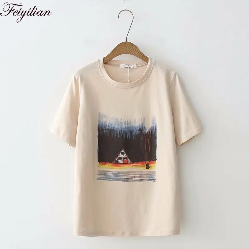 

New Summer Cotton tees top Harajuku T Shirt Japanese Women Cute Printed View Shirt Short sleeve preppy Women's T-shirts