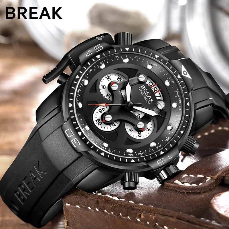 

BREAK Men Top Luxury Brand Unique Casual Fashion Rubber Band Sport Wristwatches Man Quartz Chronograph Army Waterproof Watches