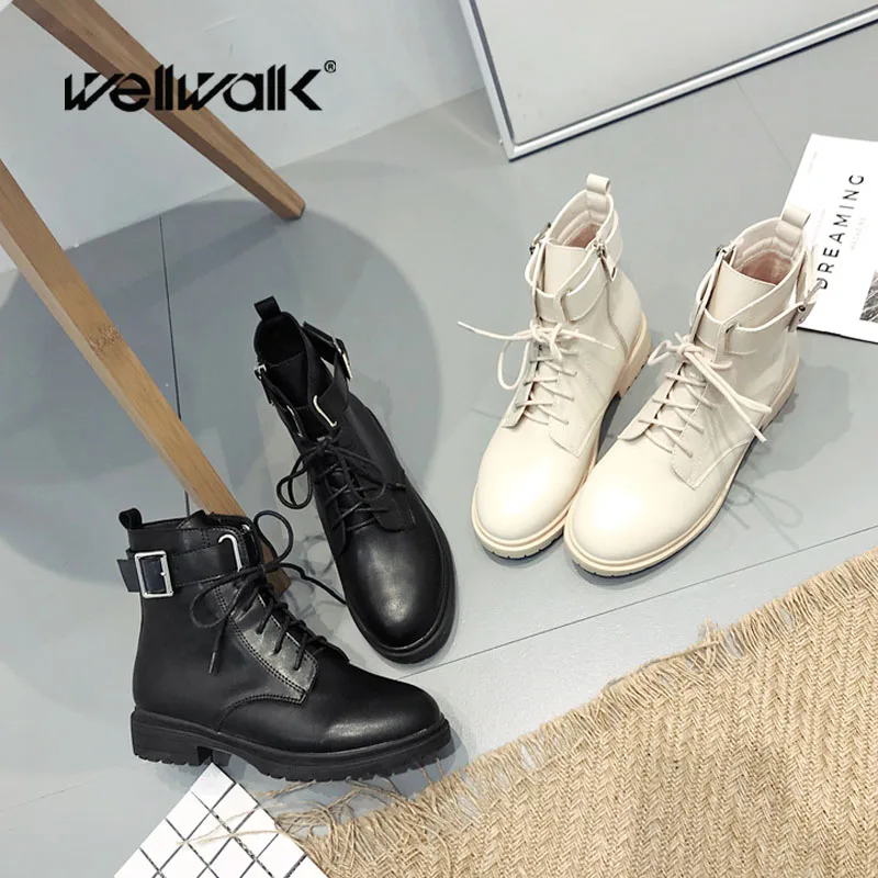 

Wellwalk Fashion Buckle Booties 2018 Women Block Heel Martin Boots Female Winter Shoes Lace Up Combat Boots Ladies Chelsea Women