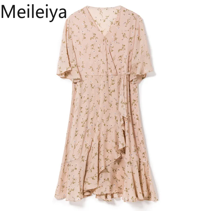 

Women's Printed Chiffon Small Floral Lotus Sleeve Dress 2019 Summer V-neck Waist with Ruffled Dress
